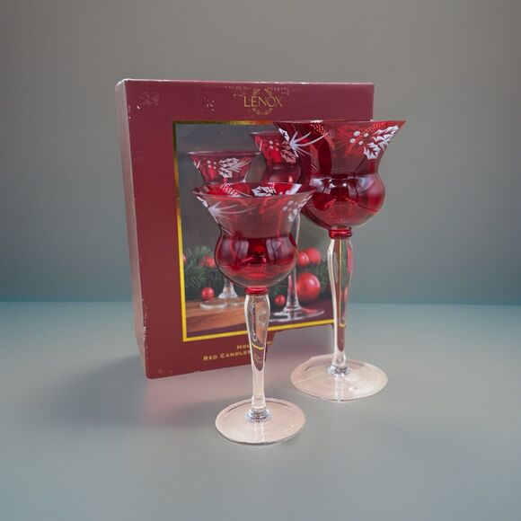 Lenox Holly Christmas Red Candlestick Votives Set Of 2 W/ Box, Etched Glassware - Picture 6 of 7